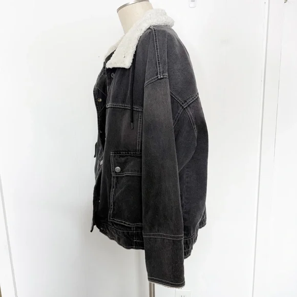 Free People We The Free Ariel Cozy Denim Bomber‎ Jacket Faded Black Sherpa Large - Picture 4 of 10